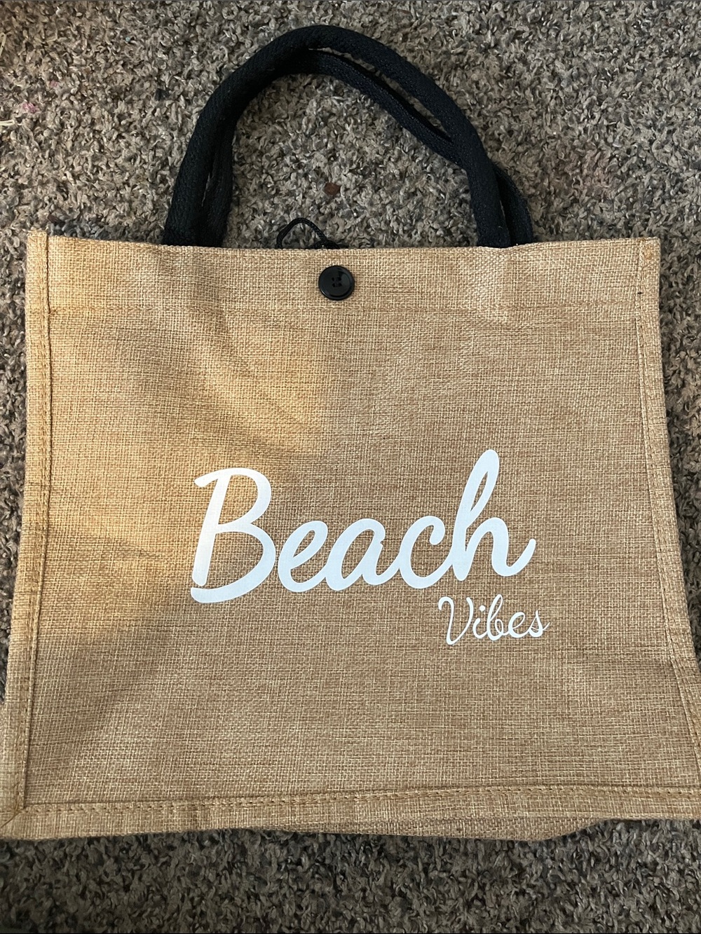 Beach Vibes Natural Jute Tote with Black Handles